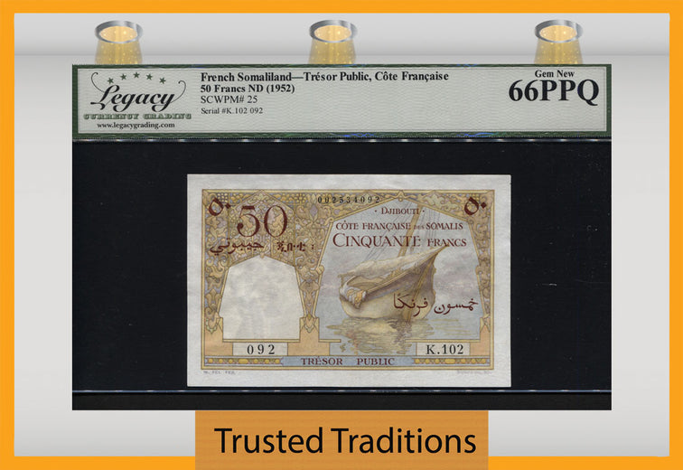 TT PK 25 ND 1952 FRENCH SOMALILAND 50 FRANCS LCG 66 PPQ GEM UNCIRCULATED