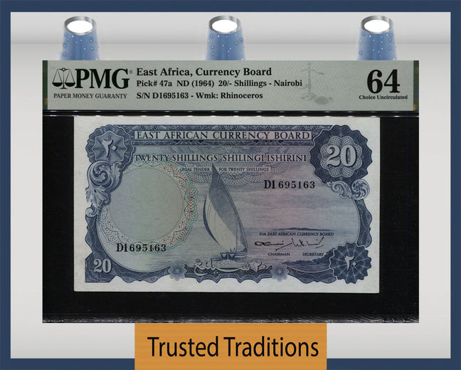 TT PK 47a 1964 20 SHILLINGS EAST AFRICA CURRENCY BOARD BOLD COLORS PMG 64