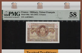 TT PK M6a 1947 FRANCE 5 FRANCS MILITARY, TRESOR FRANCAIS PMG 58 CHOICE ABOUT UNC
