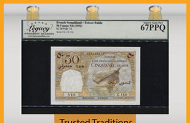 TT PK 25 ND 1952 FRENCH SOMALILAND 50 FRANCS LCG 67 PPQ SUPERB GEM ONLY 3 FINER