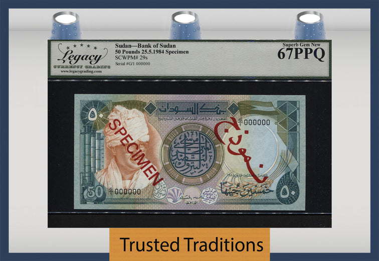 TT PK 29s 1984 SUDAN 50 POUNDS SPECIMEN LCG 67 PPQ SUPERB GEM NEW ONLY 1 FINER