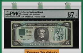 TT PK 0019 1989 LIBERIA NATIONAL BANK 5 DOLLARS PMG 67 EPQ SUPERB POPULATION ONE!