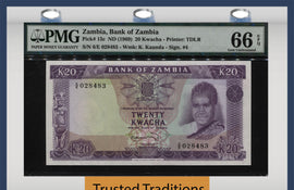 TT PK 0013c 1969 ZAMBIA 20 KWACHA "PRESIDENT K. KAUNDA" PMG 66 EPQ GEM UNC.
