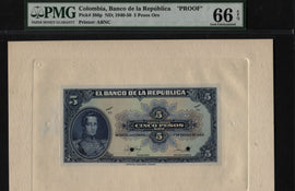 TT PK 386p 1940-50 COLOMBIA 5 PESOS ORO "FACE PROOF" PMG 66 EPQ GEM ONLY 1 FINER