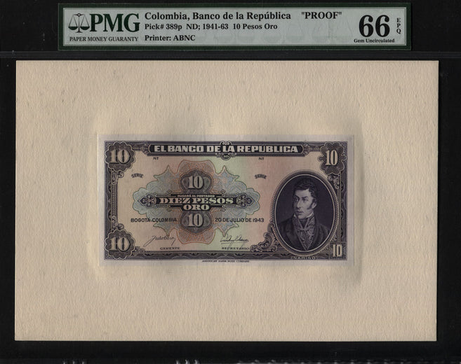 TT PK 389p 1941-63 COLOMBIA 10 PESOS ORO FRONT PROOF PMG 66 EPQ GEM ONLY 2 FINER