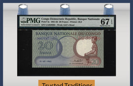 TT PK 004a 1961-62 CONGO DEMOCRATIC REPUBLIC 20 FRANCS PMG 67 EPQ NONE FINER