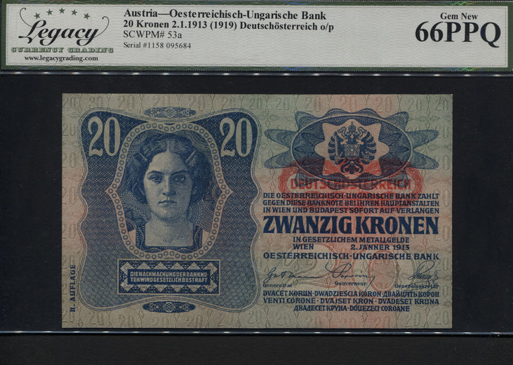 TT PK 53a 1913 AUSTRIA OESTERREICHISCH-UNGARISCHE BANK 20 KRONEN LCG 66 PPQ GEM
