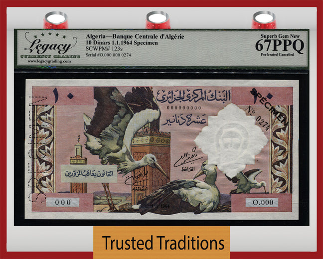 TT PK 123s 1964 ALGERIA 10 DINARS LCG 67 PPQ SUPERB GEM NEW FINEST KNOWN!