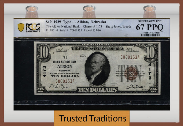 TT FR 1801-1 1929 $10 NATIONAL BANK NOTE 3 DIGIT SERIAL NUMBER 153 PCGS 67 PPQ