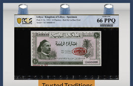 TT PK 13s 1952 LIBYA 10 PIASTRES SPECIMEN PCGS 66 PPQ GEM UNC. NONE FINER!